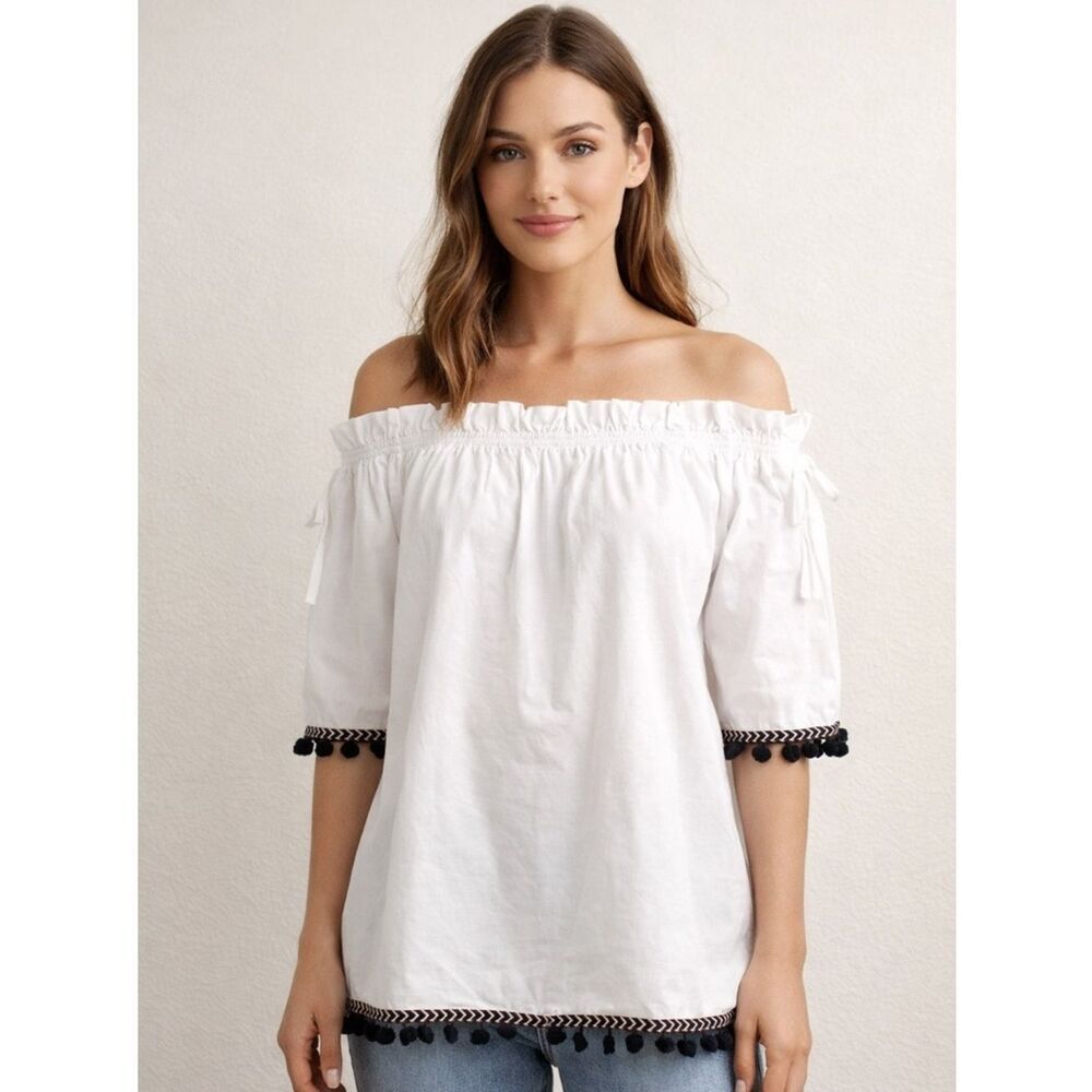 Truly 4 You White Off Shoulder Peasant Top Pom Trim Small NWT